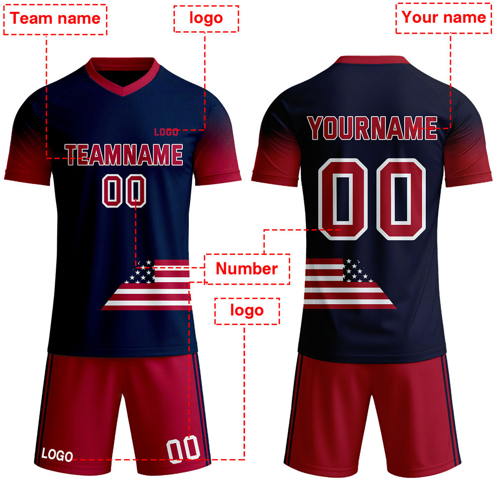 Custom Navy & Red Gradient USA Flag Soccer Jersey - Personalized Patriotic Team Kit