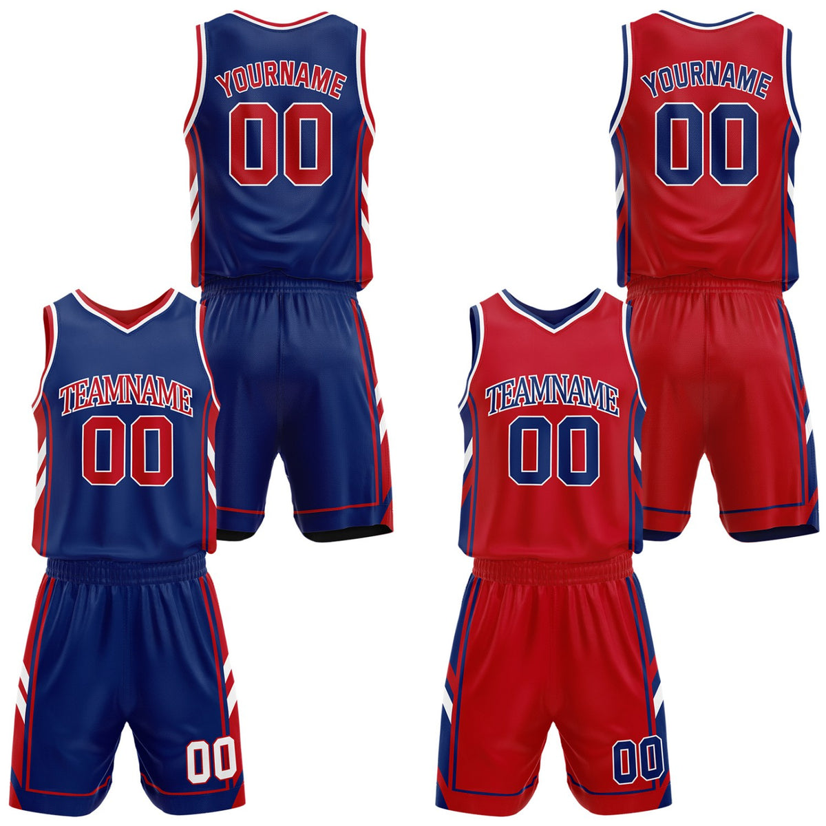 Custom navy and red reversible basketball uniform by Vosoli. Personalized with team name, number, and logo. Breathable mesh jersey and shorts for high school, college, and AAU teams.