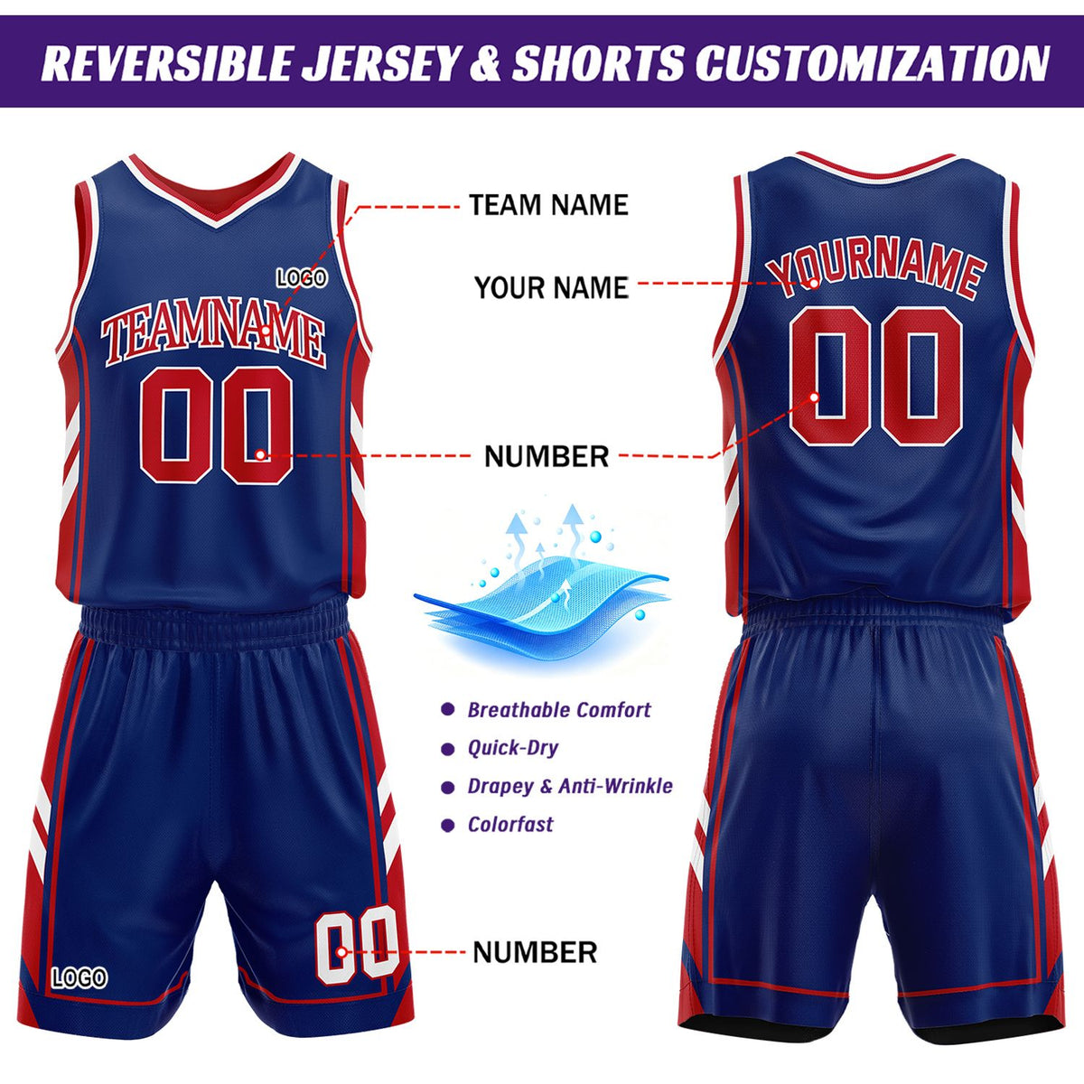 Custom Navy & Red Reversible Basketball Uniform Set | Personalized Name Number Sports Jersey Shorts Kit