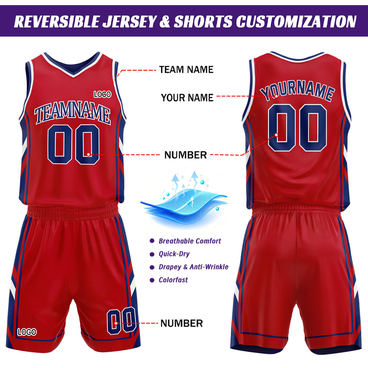 Custom Navy & Red Reversible Basketball Uniform Set | Personalized Name Number Sports Jersey Shorts Kit
