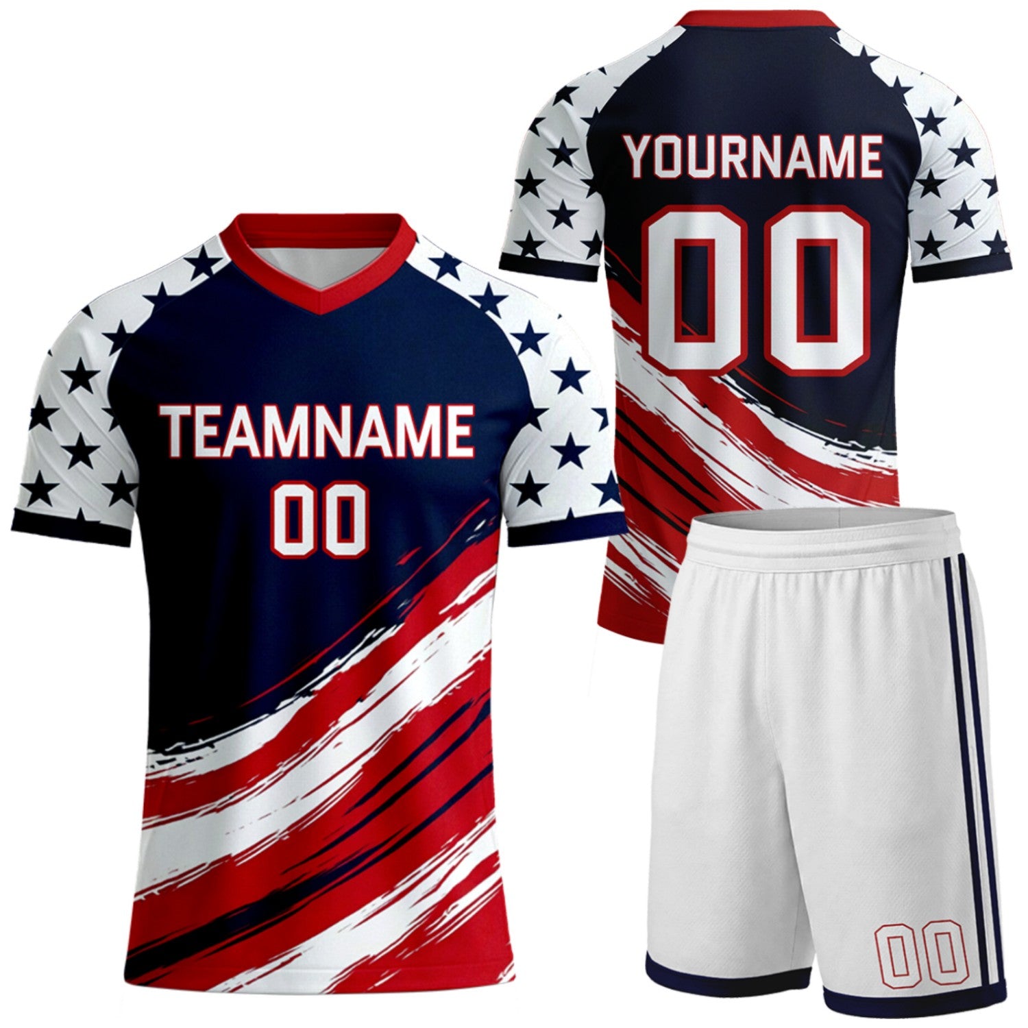 custom navy red star brush soccer uniforms for soccer clubs by Vosoli, personalized team name, player name & number, breathable short sleeve V-neck soccer jersey with shorts for club soccer matches