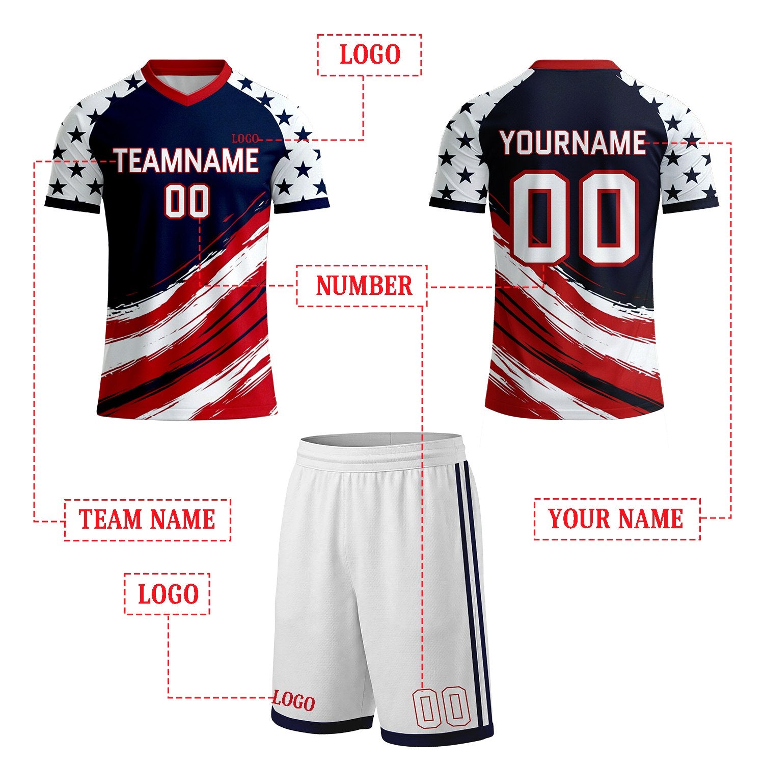 Custom Navy & Red Star Brush Soccer Uniform Set | Personalized Jersey & Shorts for Youth & Adult