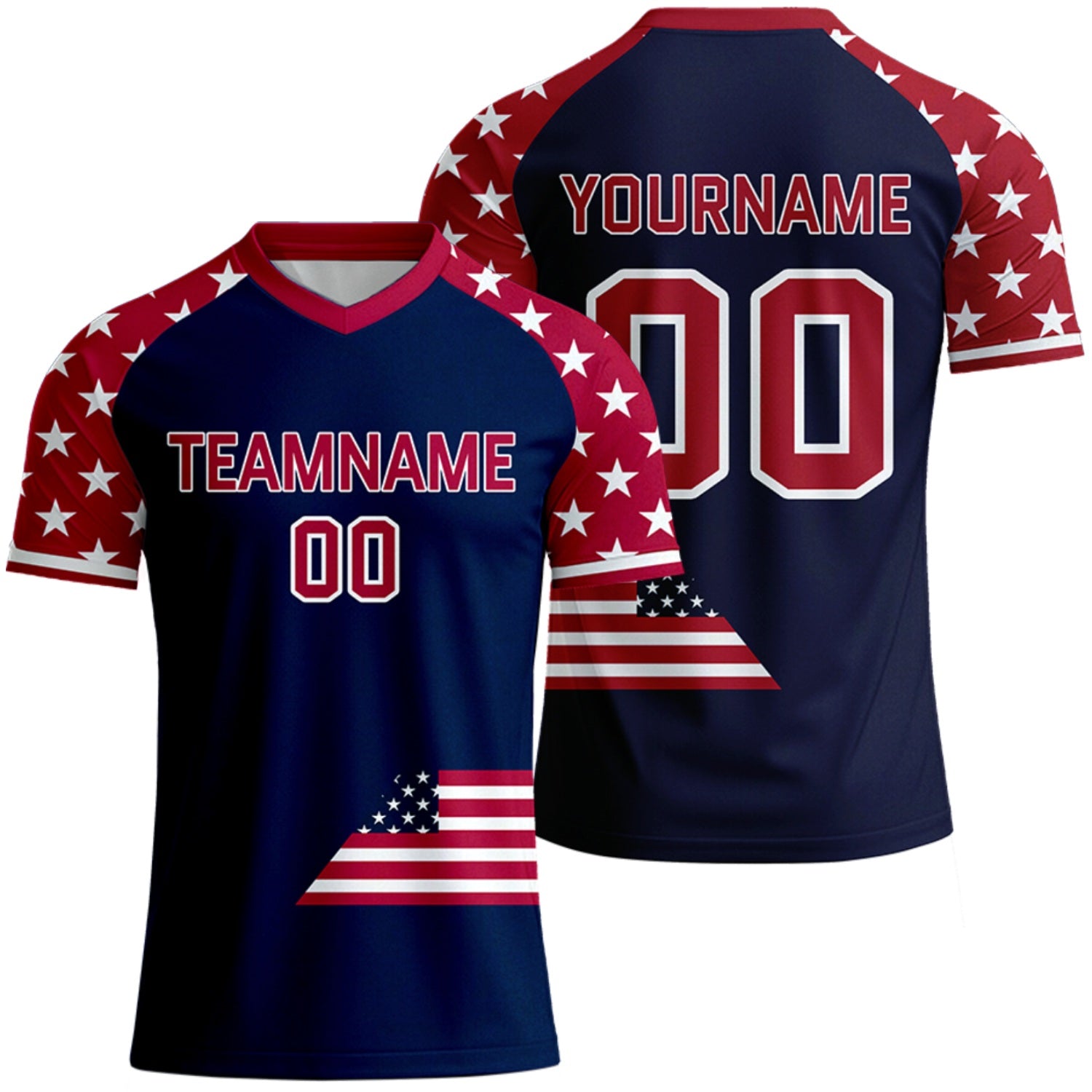 custom navy red star soccer jersey manufacturer by Vosoli, personalized team name, player name & number, breathable short sleeve V-neck soccer uniform for team matches