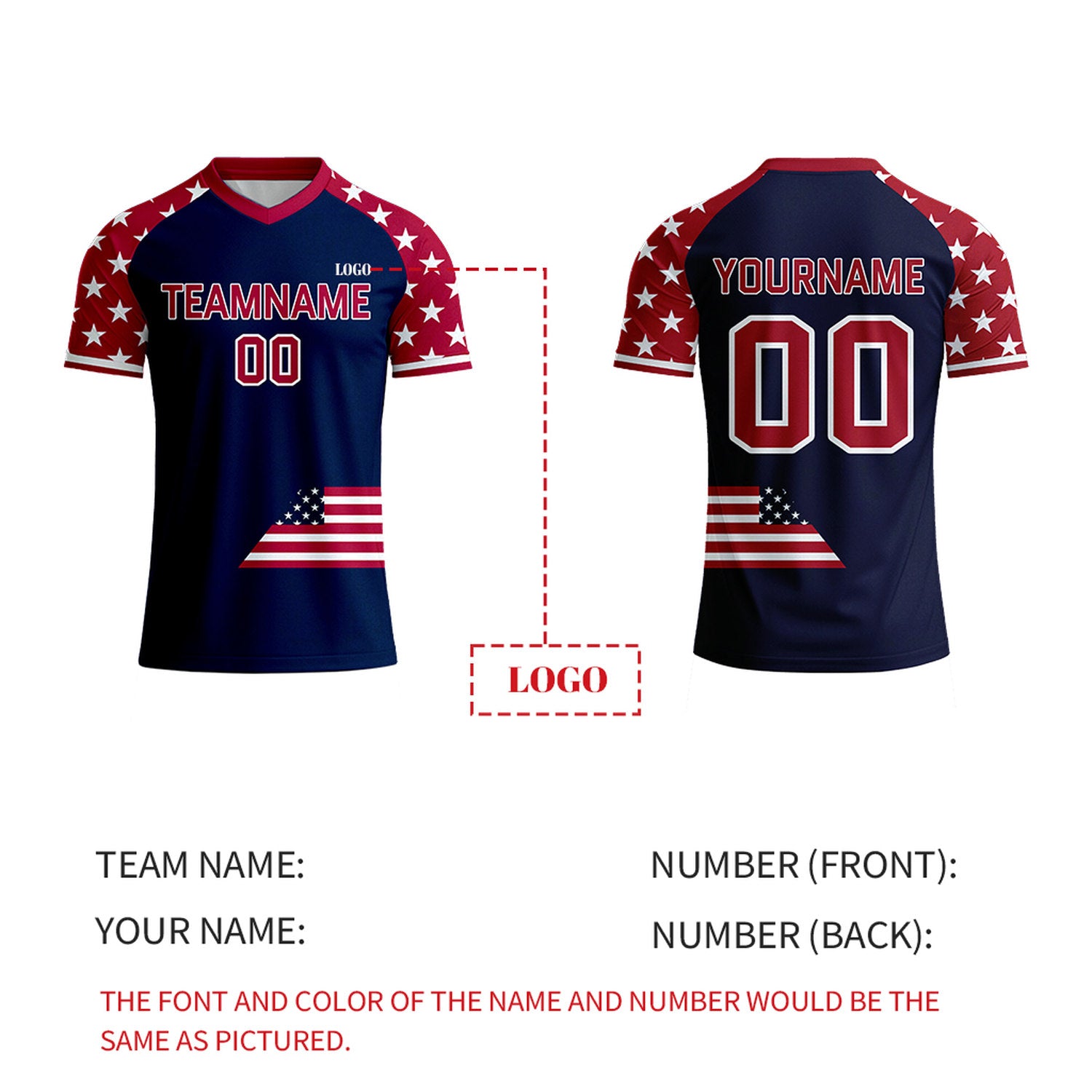 Custom Navy & Red Star Pattern Soccer Jersey | Personalized Short Sleeve V-Neck Jersey for Youth & Adult