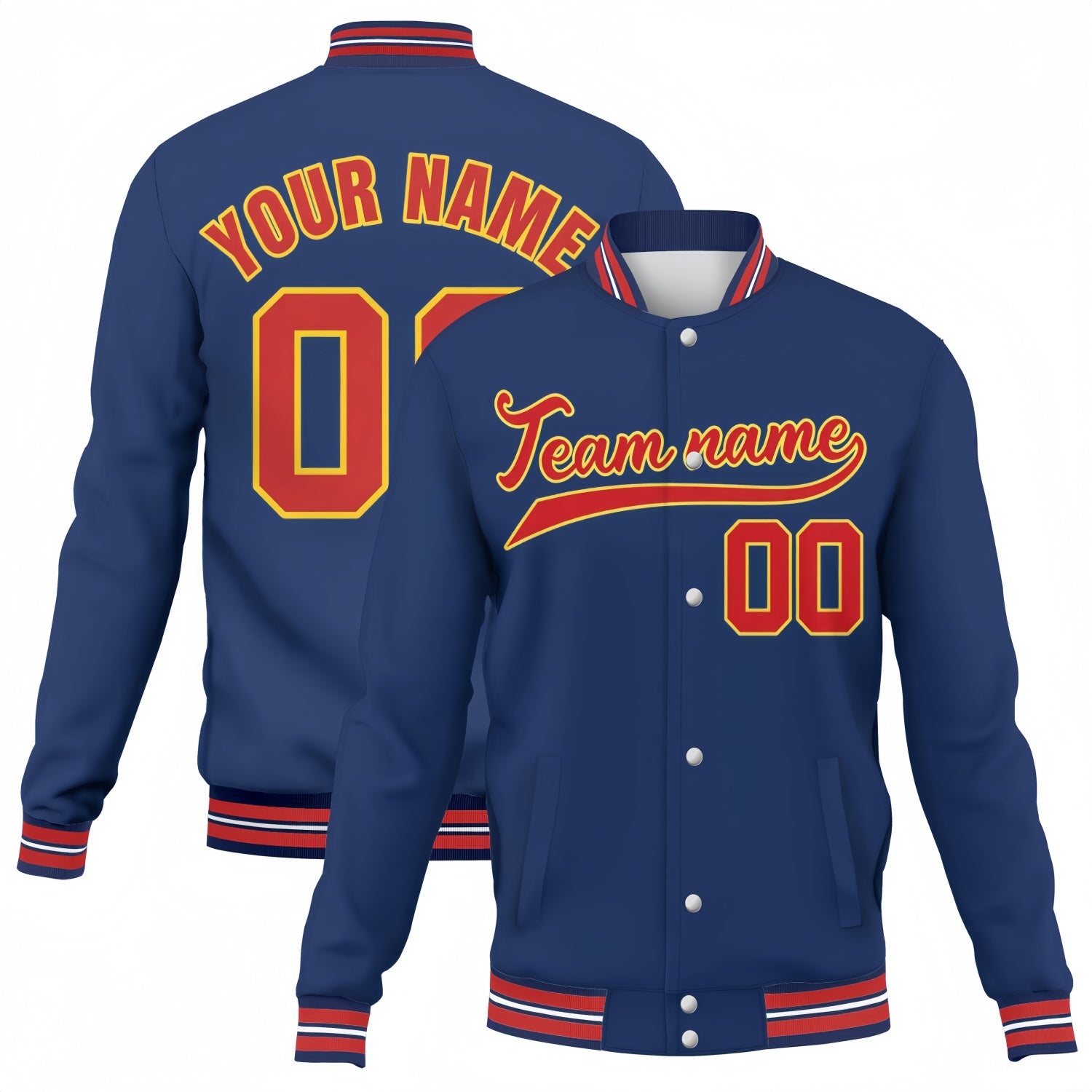 Custom navy-red stitched varsity baseball jacket by Vosoli | Personalized team name & number button-front jacket for youth & adults