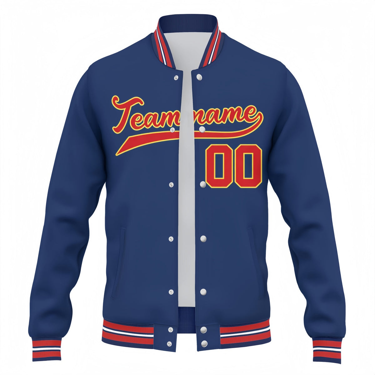 Custom Navy & Red Varsity Baseball Jacket | Personalized Team Name & Number