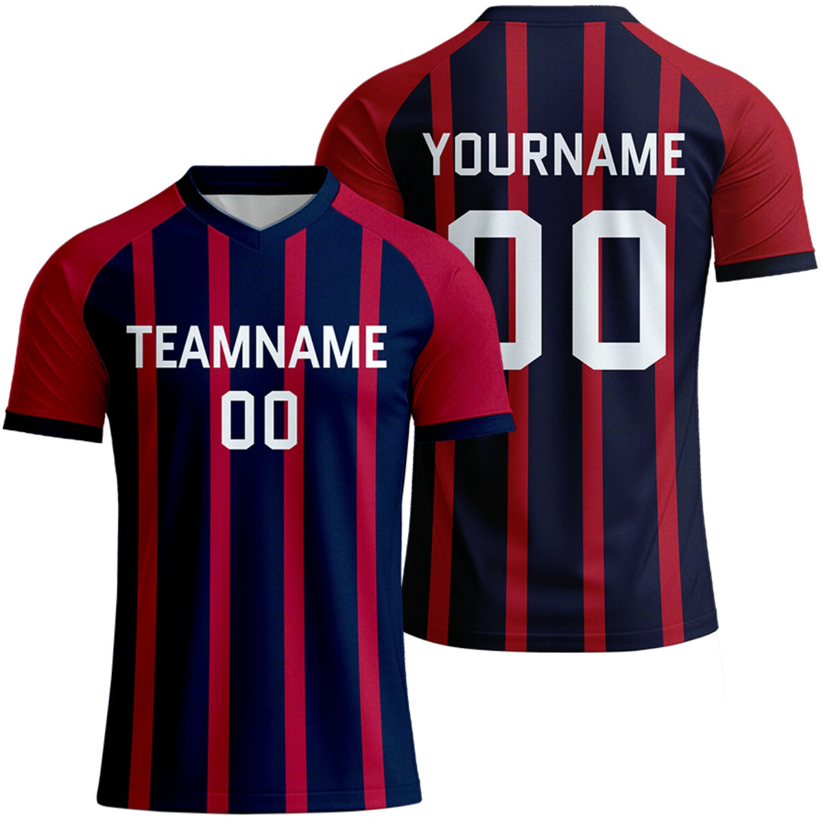 custom navy red striped soccer jersey for high school teams by Vosoli, personalized team name, player name &amp; number, breathable short sleeve V-neck soccer uniform for high school team matches