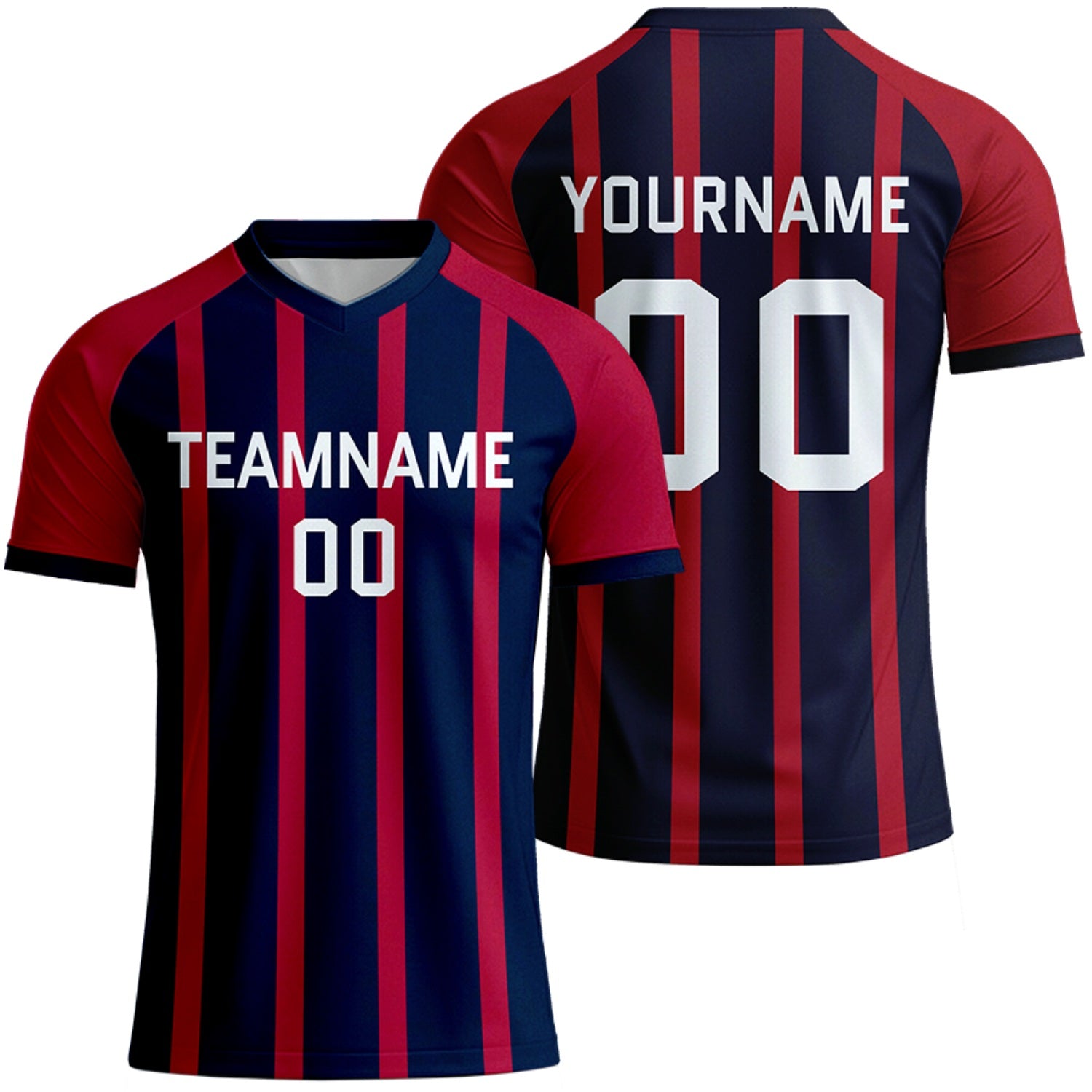 custom navy red striped soccer jersey for high school teams by Vosoli, personalized team name, player name & number, breathable short sleeve V-neck soccer uniform for high school team matches