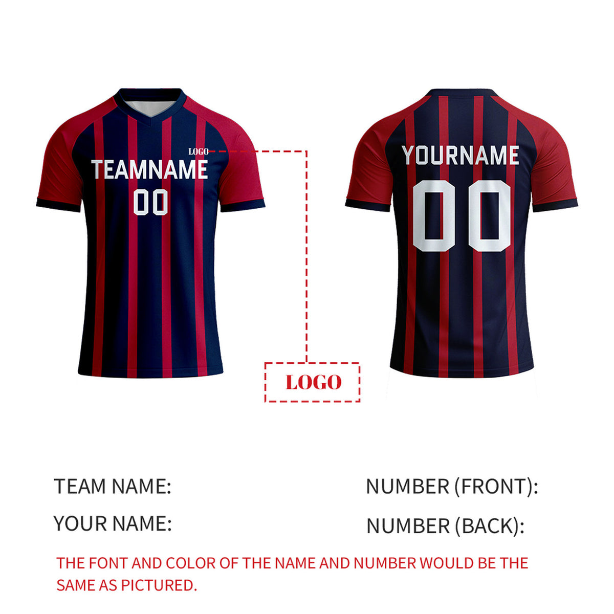 Custom Navy & Red Striped Soccer Jersey | Personalized Short Sleeve V-Neck Uniform for Youth & Adult