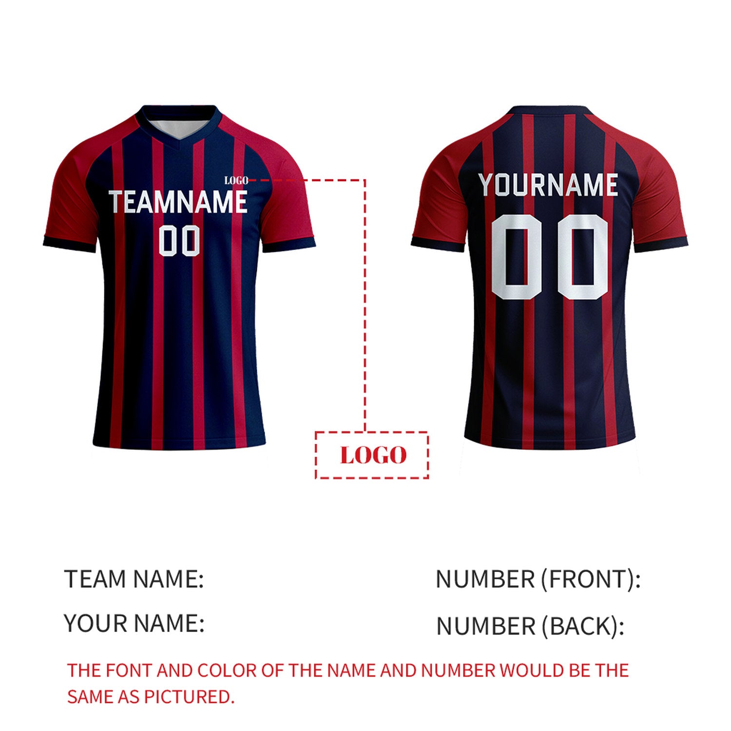 Custom Navy & Red Striped Soccer Jersey | Personalized Short Sleeve V-Neck Uniform for Youth & Adult