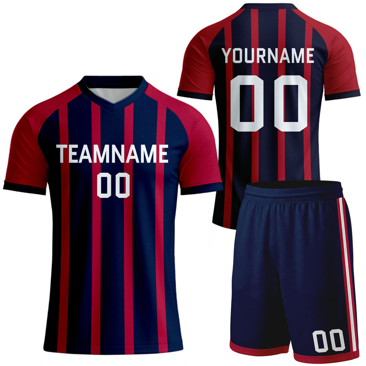 custom navy red vertical stripe soccer uniforms for clubs by Vosoli, personalized team name, player name &amp; number, breathable short sleeve V-neck soccer jersey with shorts for club soccer games
