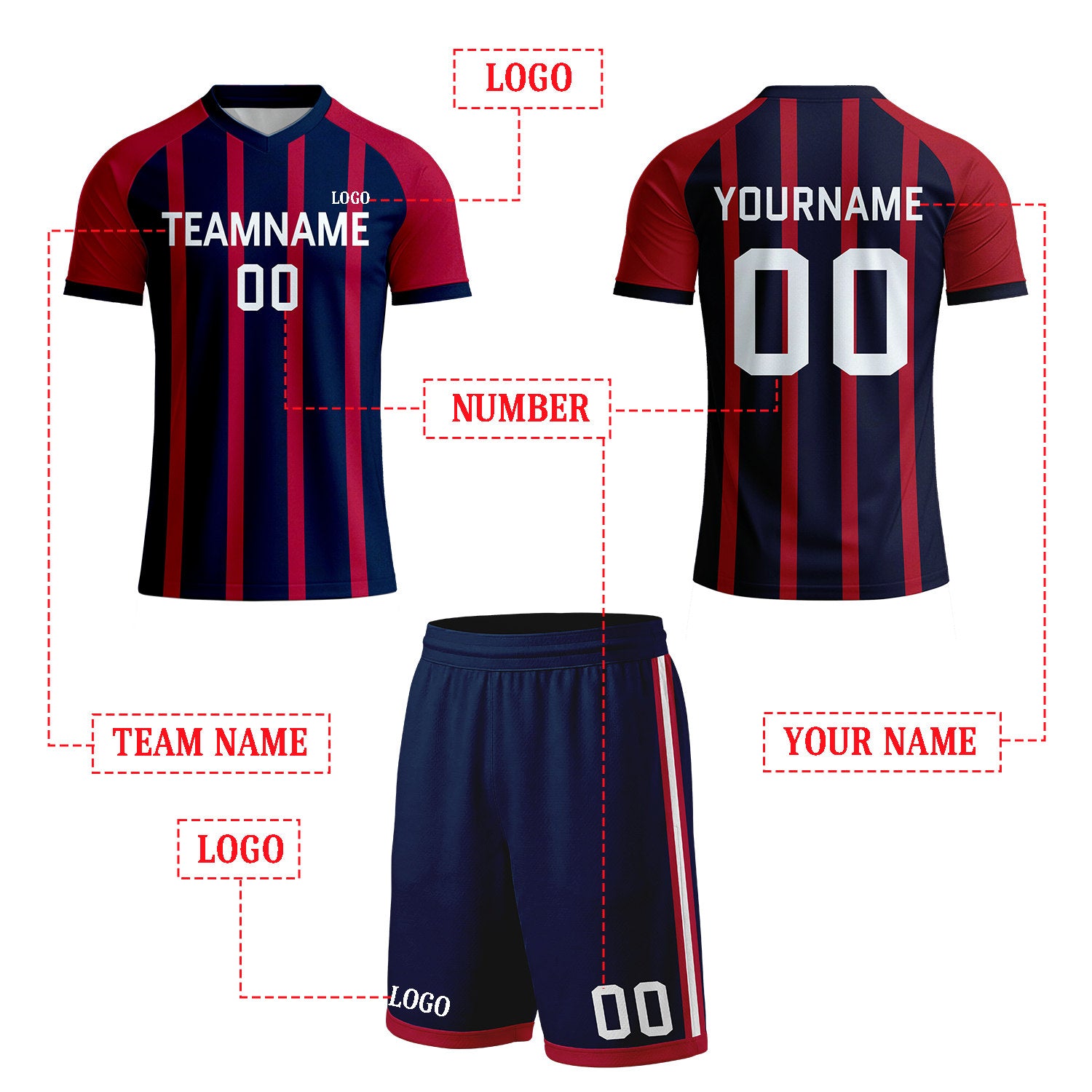Custom Navy & Red Vertical Stripe Soccer Uniform Set | Personalized Jersey & Shorts for Youth & Adult