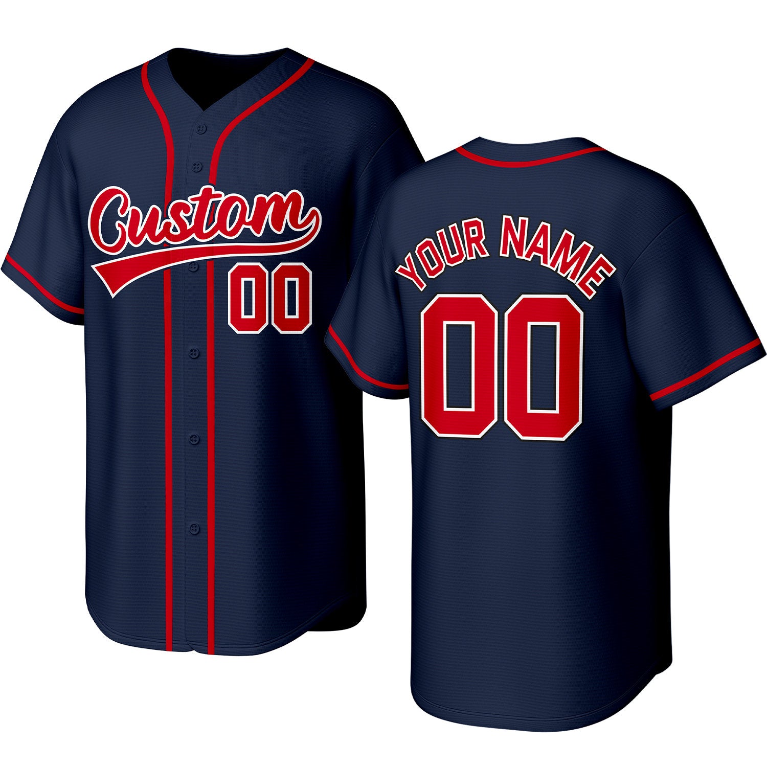 Custom navy, red & white baseball jersey with stitched logo, personalized name & number, button-front short-sleeve sports uniform for team men women youth game practice - Vosoli