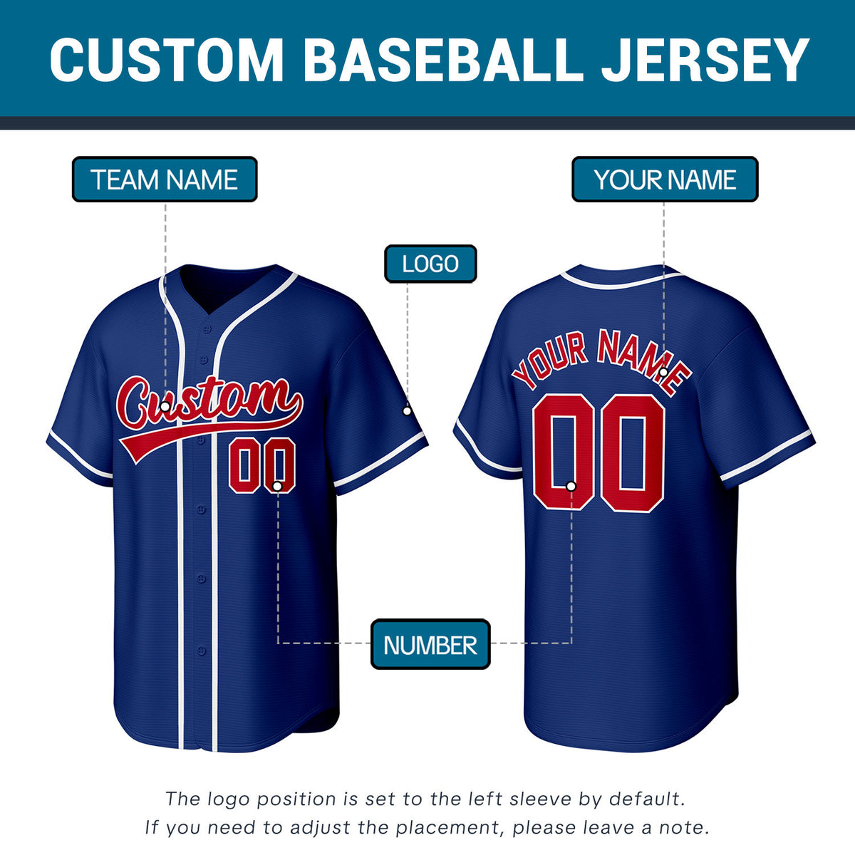 Custom Stitched Baseball Jersey Navy Red White | Personalized Name & Number | Team Uniform