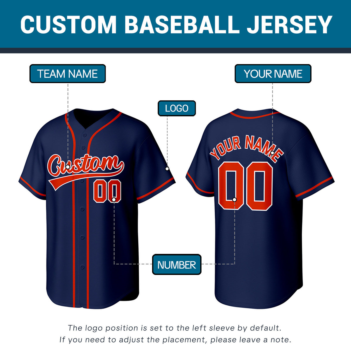 Custom Stitched Baseball Jersey Navy Red White | Personalized Name & Number | Team Uniform