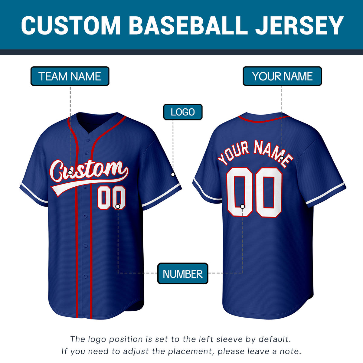 Custom Stitched Baseball Jersey Navy Red White | Personalized Name & Number | Team Uniform