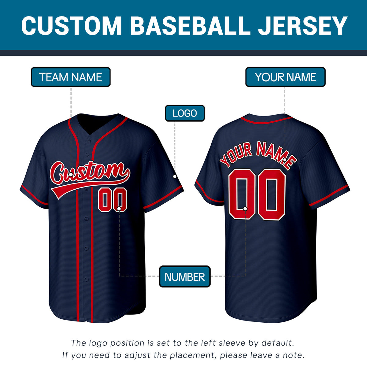 Custom Stitched Baseball Jersey Navy Red White | Personalized Name & Number | Team Uniform
