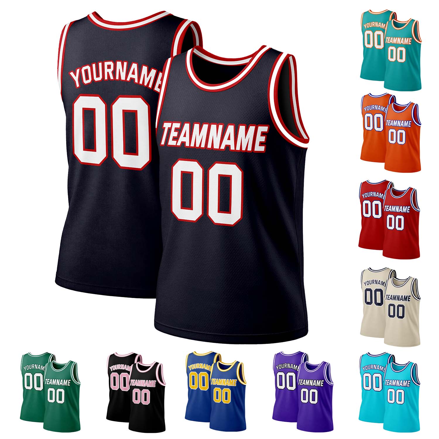 Custom navy-red-white mesh basketball jersey by Vosoli | Personalized name & number team uniform for youth & adults