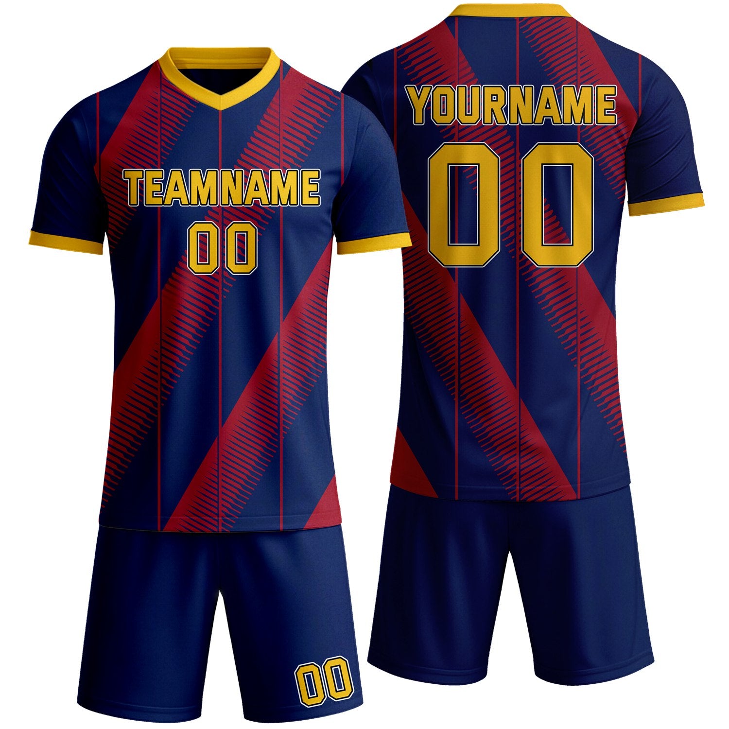 Custom navy red & yellow diagonal stripe soccer jersey set, personalized name number team logo, short-sleeve jersey with matching shorts sports uniform for men women youth adult game practice - Vosoli