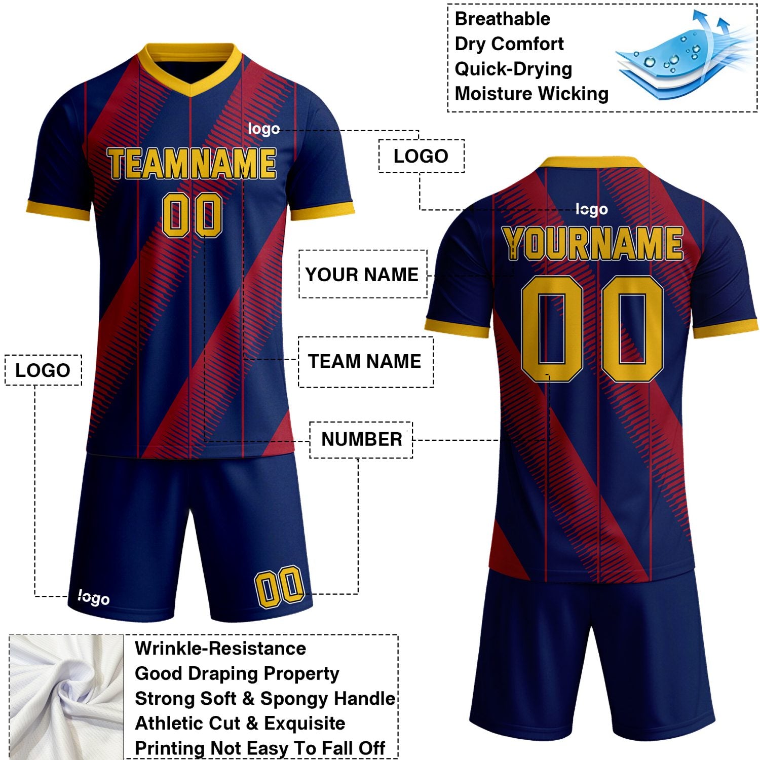 Custom navy red & yellow diagonal stripe soccer jersey set, personalized name number team logo, short-sleeve jersey with matching shorts sports uniform for men women youth adult game practice - Vosoli