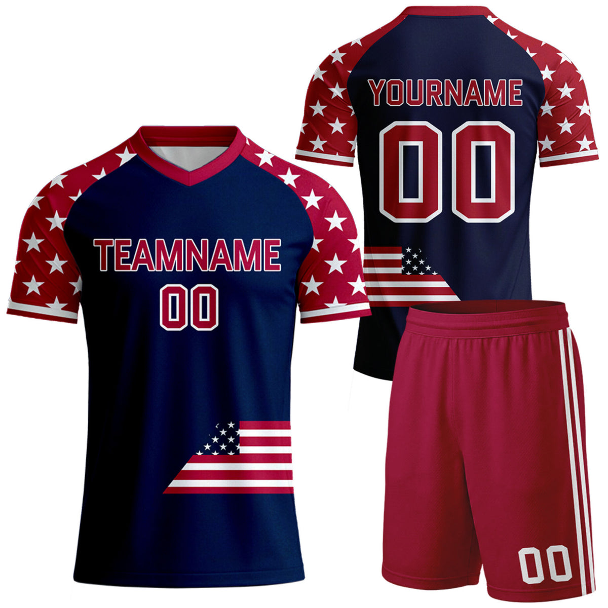 custom navy star sleeve flag soccer uniforms for teams by Vosoli, personalized team name, player name &amp; number, breathable short sleeve V-neck soccer jersey with shorts for team soccer games