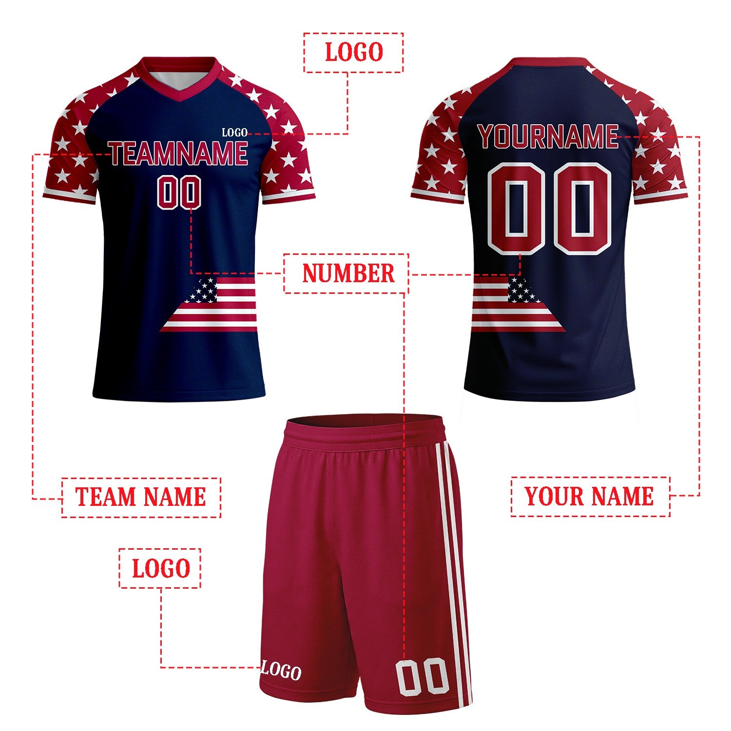 Custom Navy & Star Sleeve Flag Soccer Uniform Set | Personalized Jersey & Shorts for Youth & Adult Soccer Teams