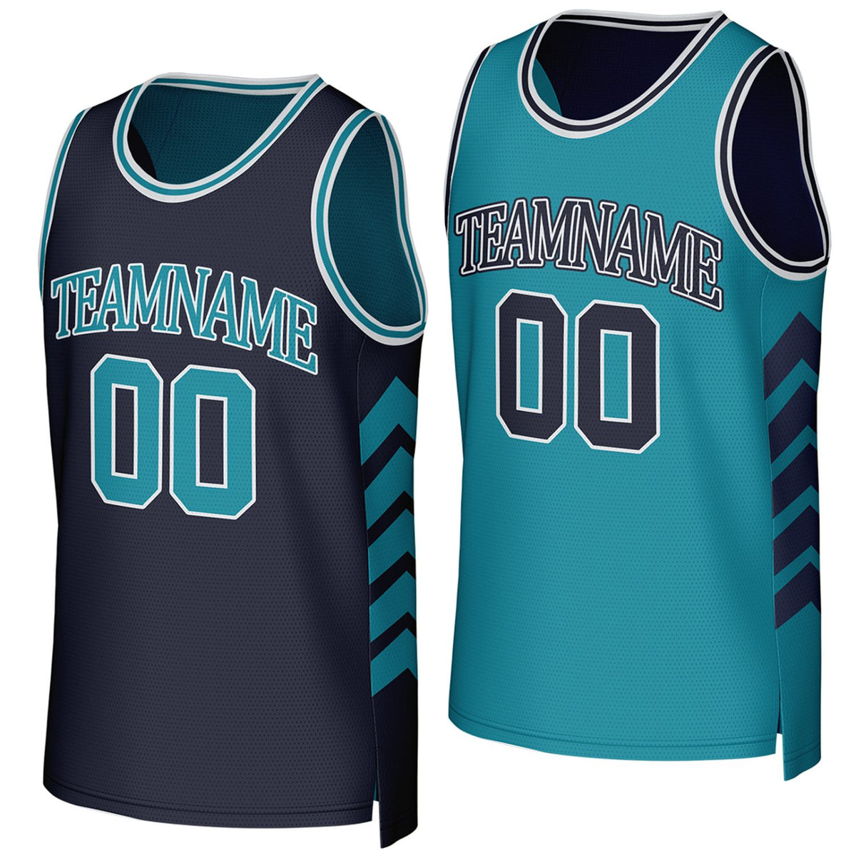 Custom navy & teal reversible basketball jersey by Vosoli. Personalized with team name, player name, number, and logo on both sides. Breathable mesh 2-in-1 jersey for high school, college, AAU teams.
