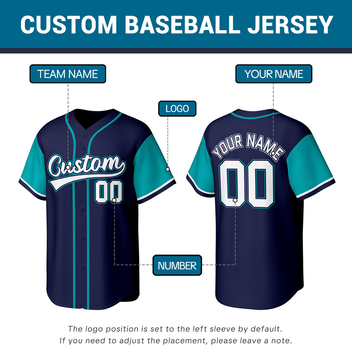 Custom Navy & Turquoise Stitched Baseball Jersey | Personalized Name & Number | Team Uniform