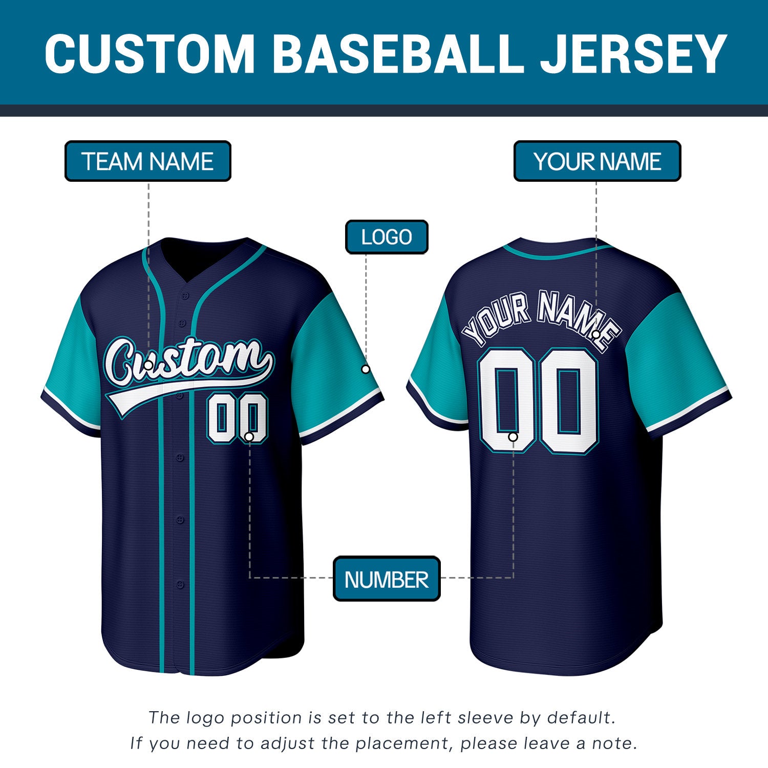 Custom Navy & Turquoise Stitched Baseball Jersey | Personalized Name & Number | Team Uniform