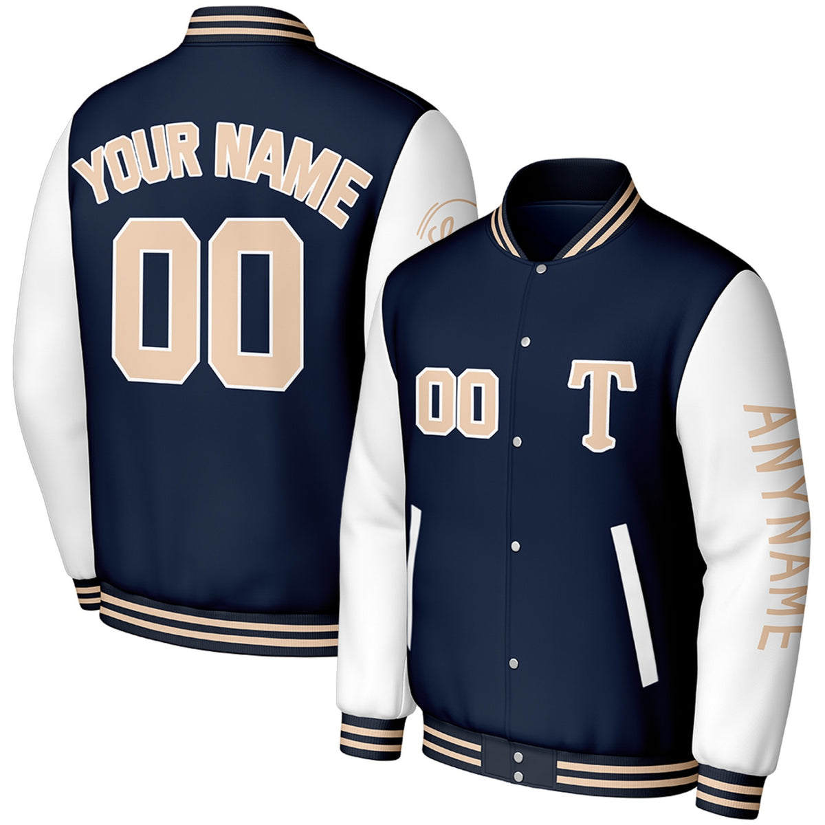 custom navy white baseball club team jackets by Vosoli, personalized stitched name, number &amp; logo, classic button up varsity letterman jacket for baseball club team and casual wear