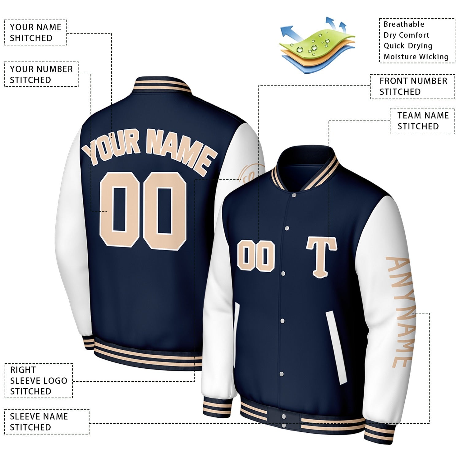 Custom Navy & White Varsity Baseball Jacket | Personalized Letterman Baseball Bomber for Adult & Youth