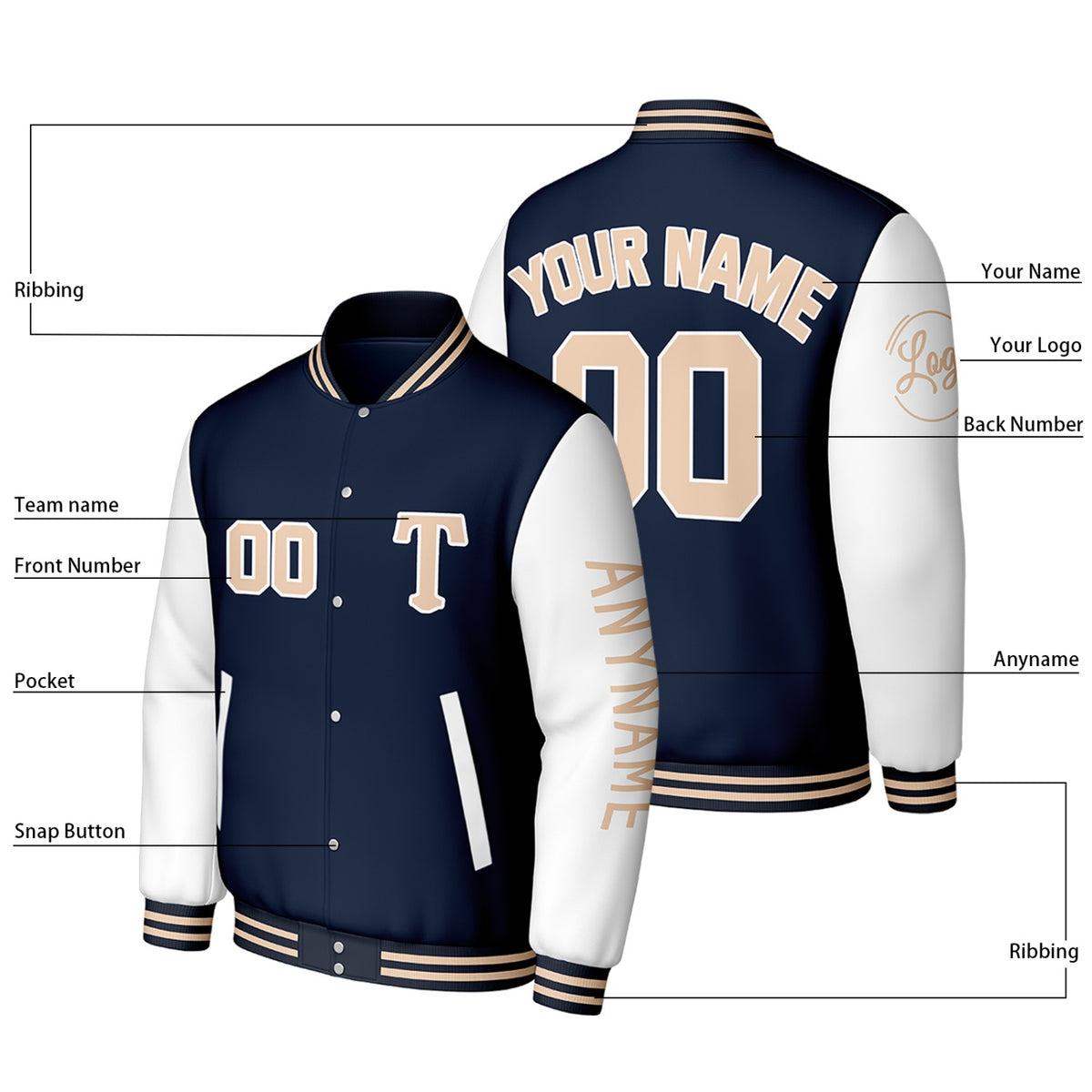 Custom Navy & White Varsity Baseball Jacket | Personalized Letterman Baseball Bomber for Adult & Youth