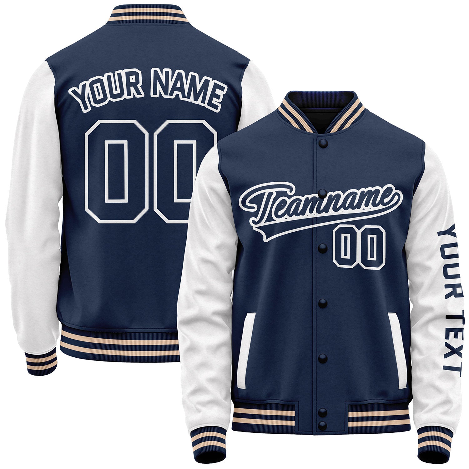 Custom navy and white baseball jacket wholesale by Vosoli with stitched name, number and logo. Classic varsity jacket for baseball and casual wear.