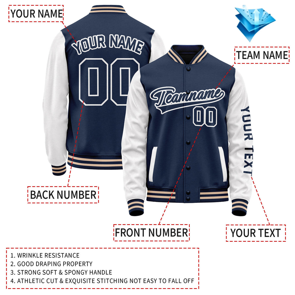 Custom Navy White Jacket Personalized Team Name Number Letterman Bomber for Adult & Youth