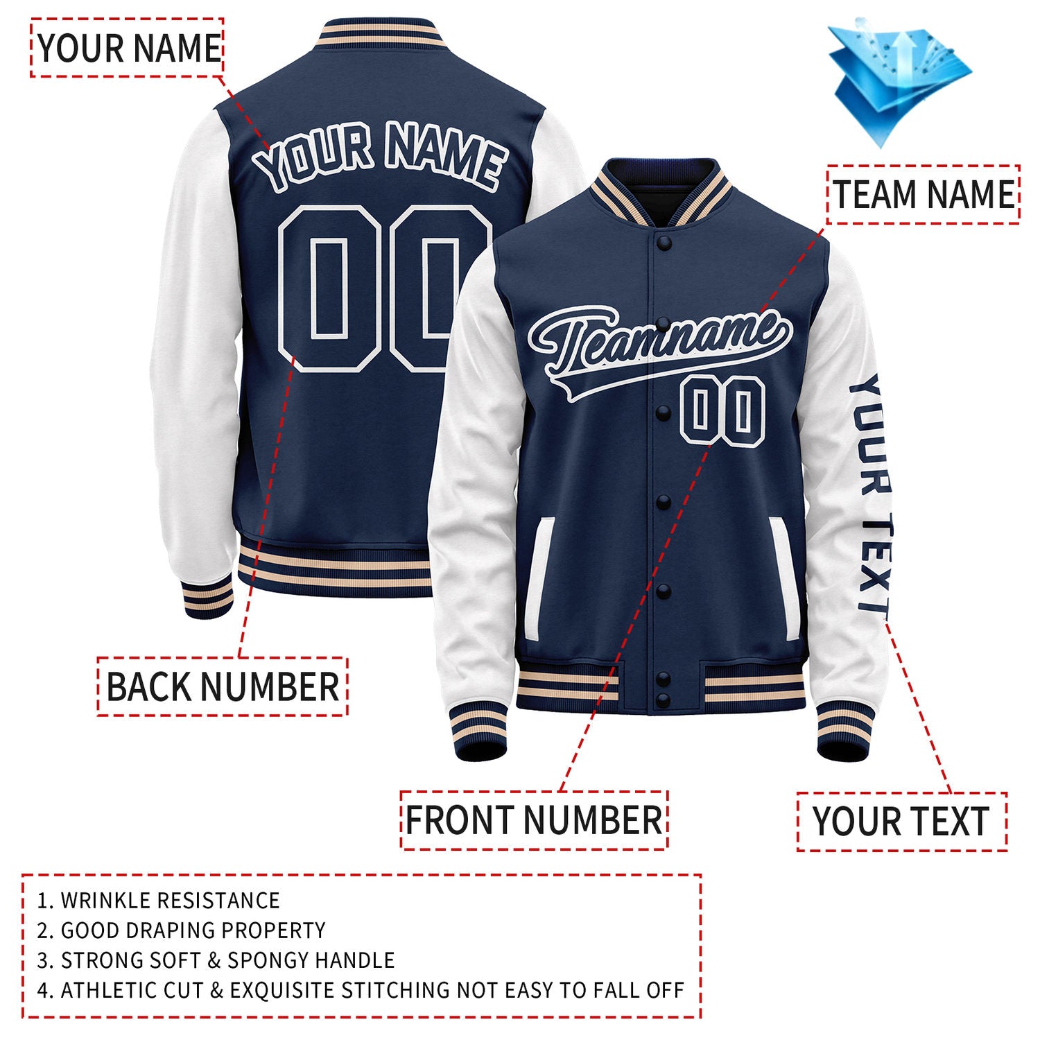 Custom Navy White Jacket Personalized Team Name Number Letterman Bomber for Adult & Youth