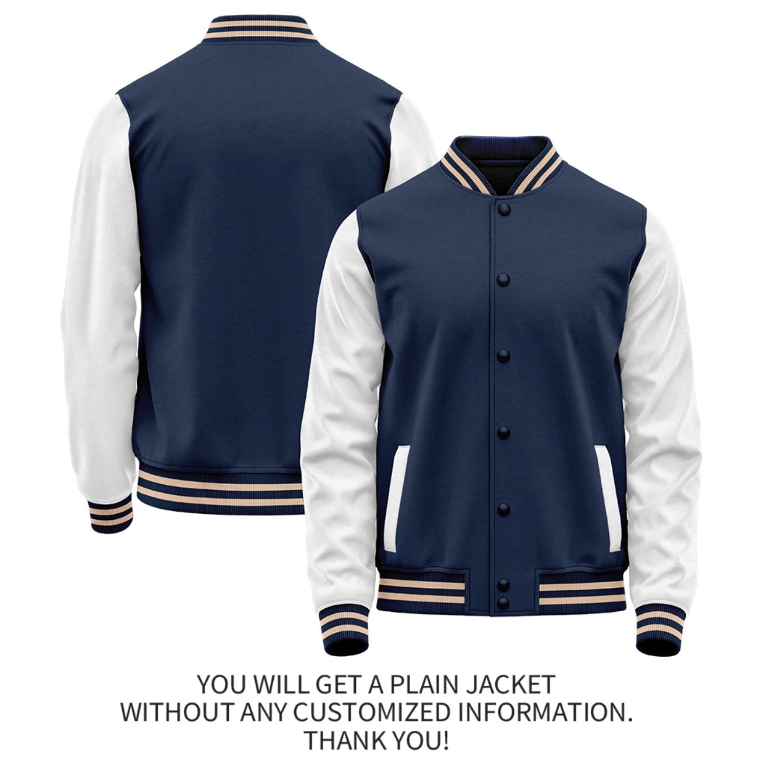 Custom Navy White Jacket Personalized Team Name Number Letterman Bomber for Adult & Youth