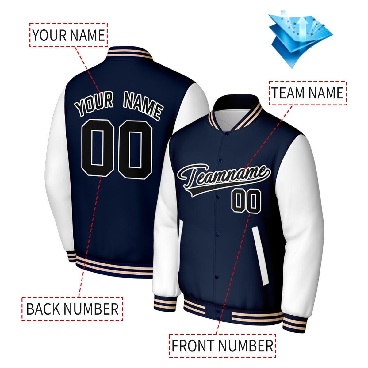 Custom Navy & White Varsity Baseball Jacket | Personalized Jacket with Stitched Name & Number for Adult & Youth