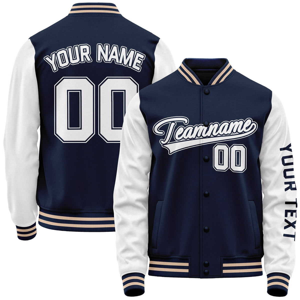 Custom navy and white baseball team apparel jackets by Vosoli with stitched name, number and logo. Classic varsity jacket for baseball and casual wear.