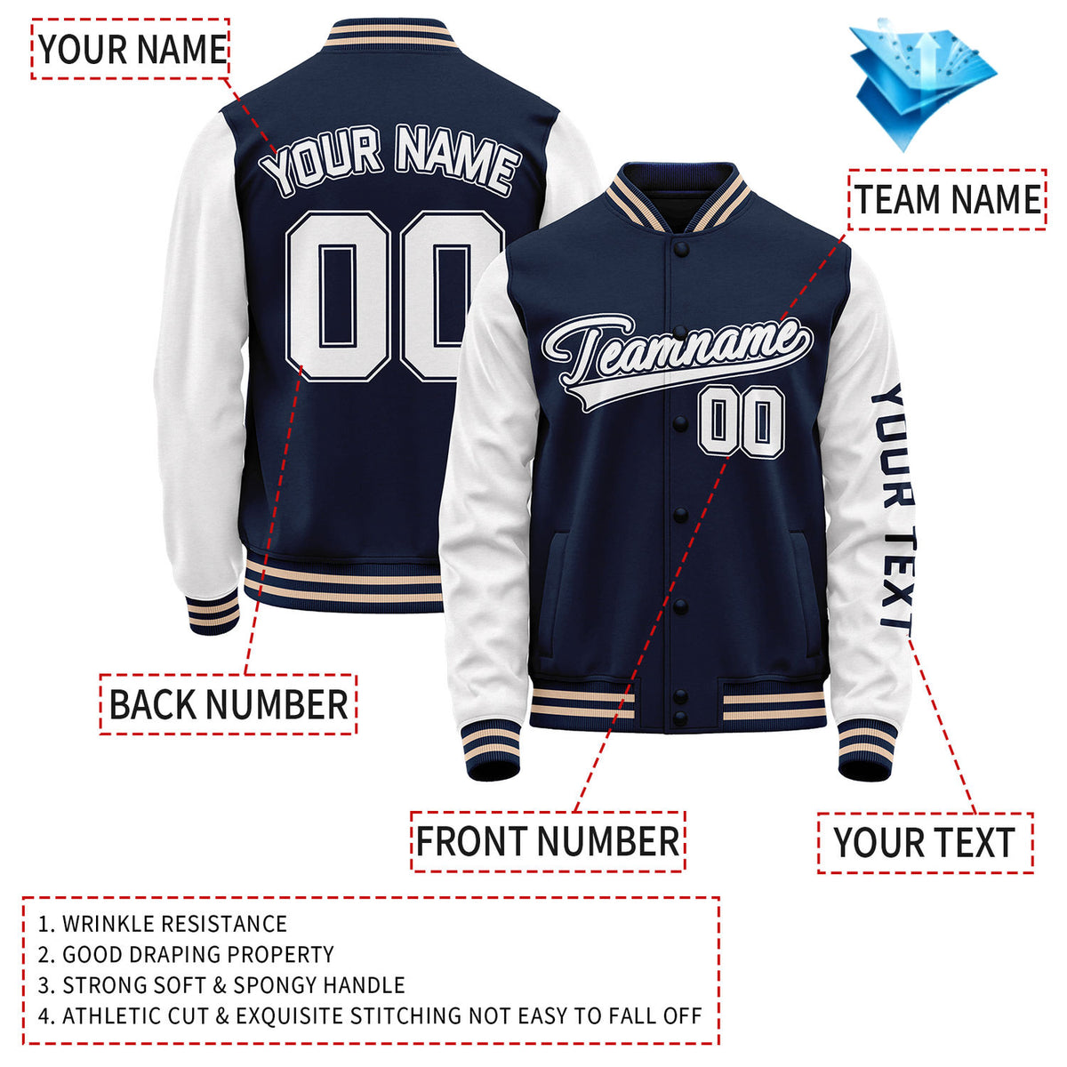 Custom Navy White Jacket Personalized Team Name Number Letterman Bomber for Adult & Youth