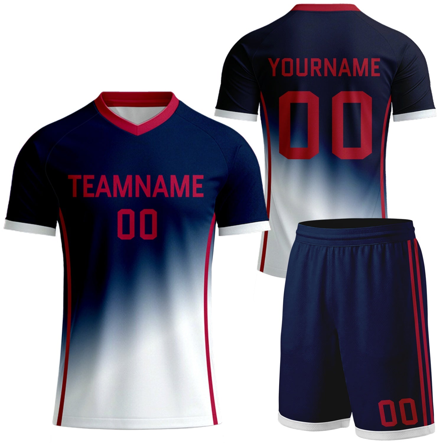 custom navy white gradient club soccer team uniforms by Vosoli, personalized team name, player name & number, breathable short sleeve V-neck soccer jersey with shorts for club soccer games