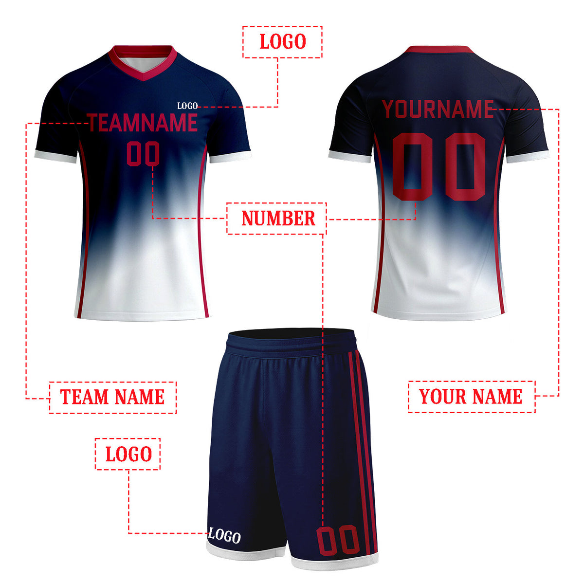 Custom Navy & White Gradient Soccer Uniform Set | Personalized Jersey & Shorts for Youth & Adult