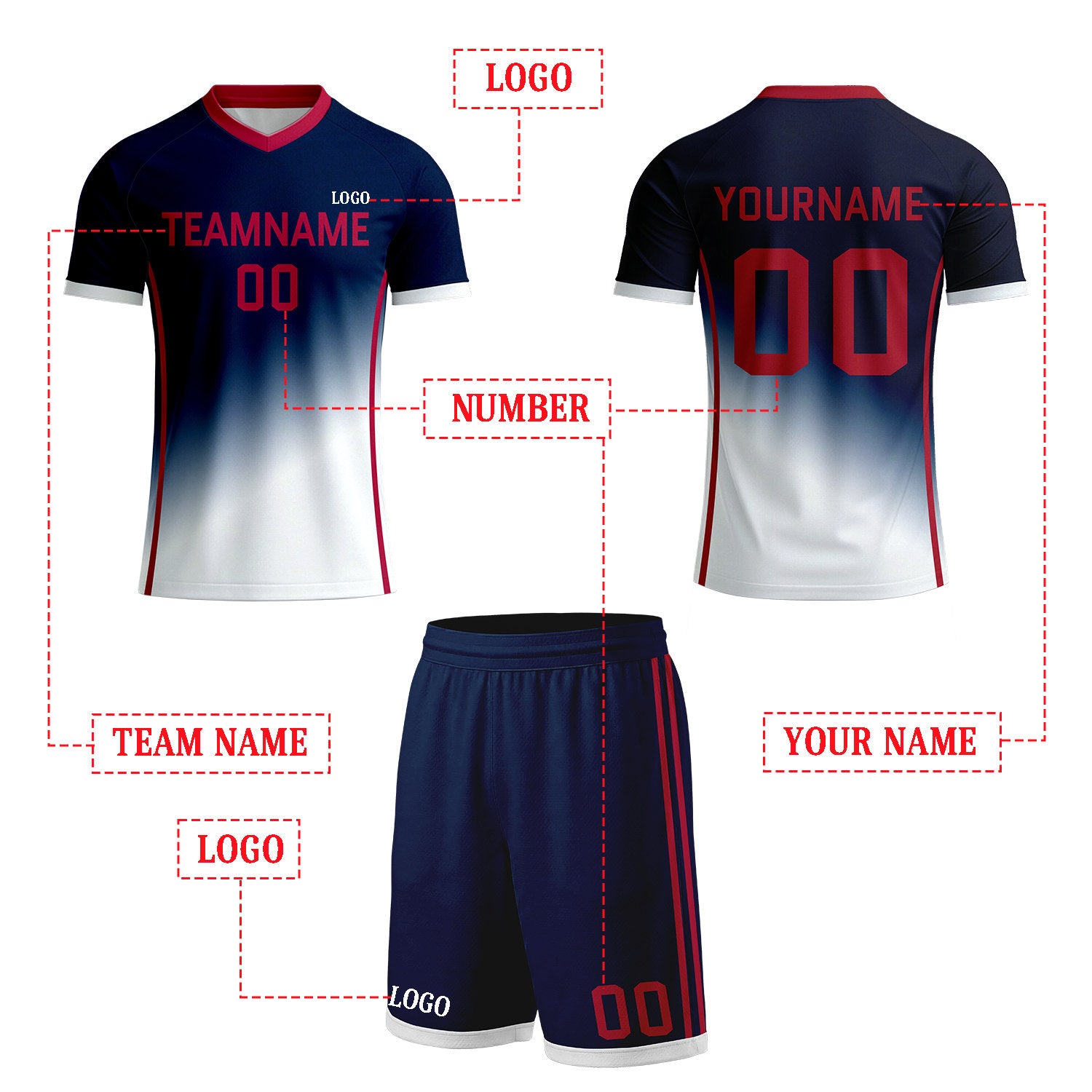 Custom Navy & White Gradient Soccer Uniform Set | Personalized Jersey & Shorts for Youth & Adult
