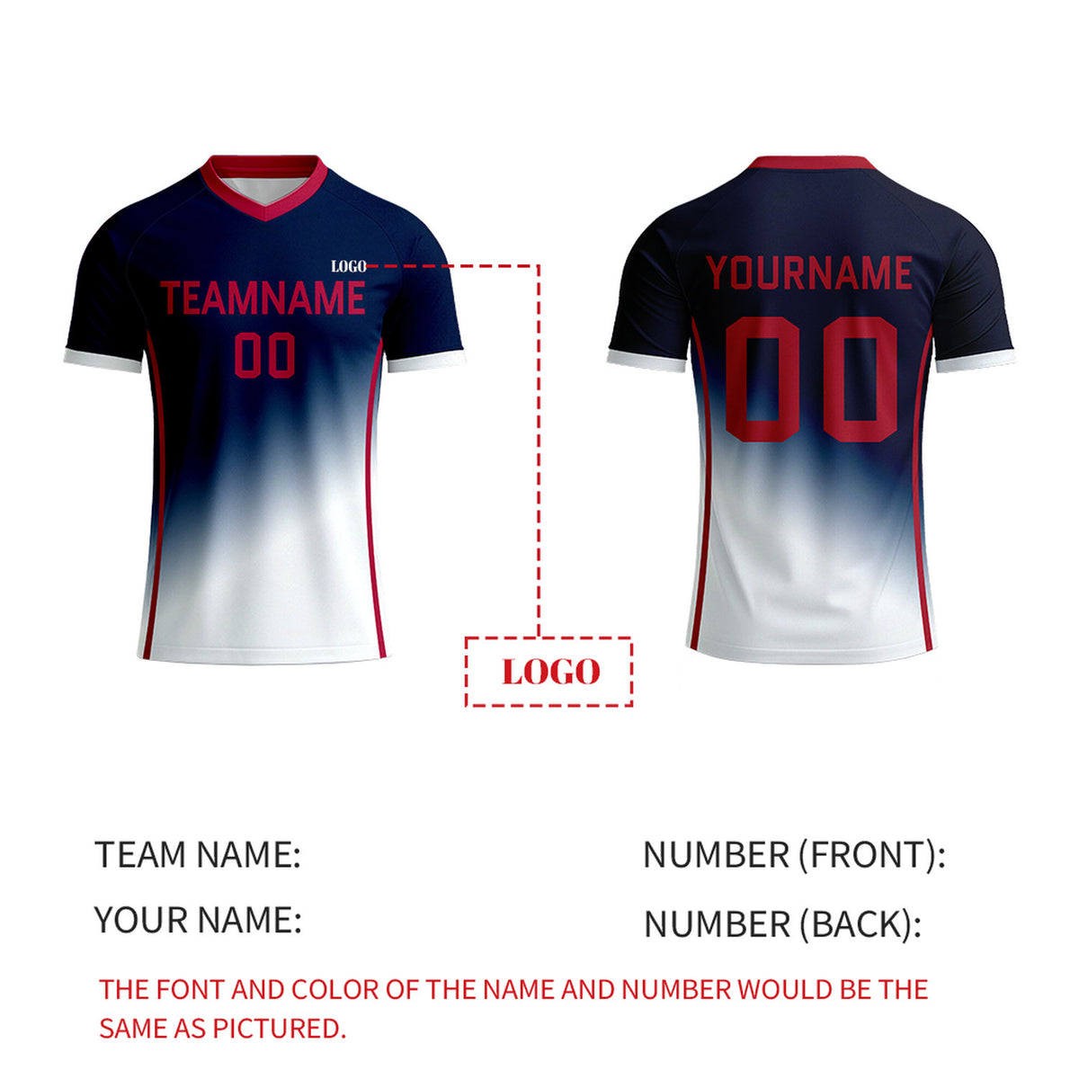 Custom Navy & White Gradient Soccer Jersey | Personalized Short Sleeve V-Neck Uniform for Youth & Adult