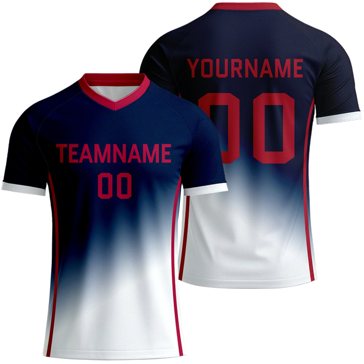 custom navy white gradient soccer jerseys online by Vosoli, personalized team name, player name &amp; number, breathable short sleeve V-neck soccer uniform for team matches
