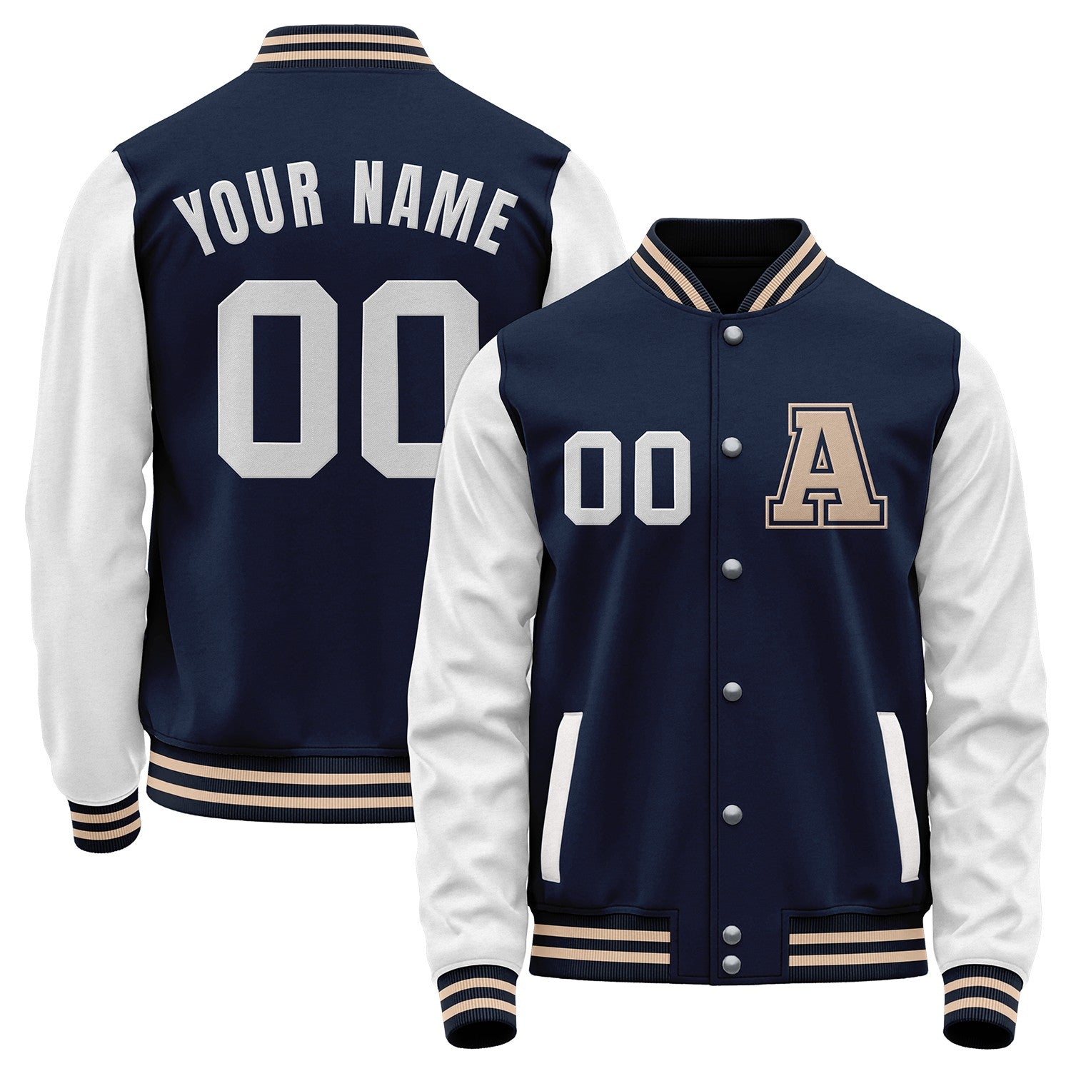 Custom navy and white varsity baseball jacket high school by Vosoli with stitched name, number and logo. Classic varsity jacket for baseball and casual wear.