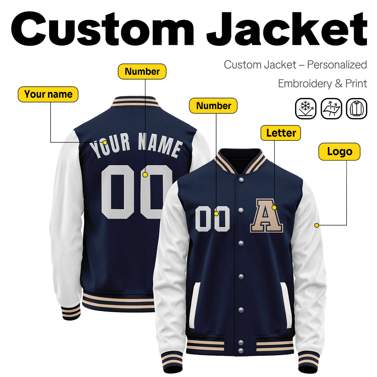 Custom Varsity Jacket with Embroidered Name & Number | Navy & White Personalized Team Letterman Bomber