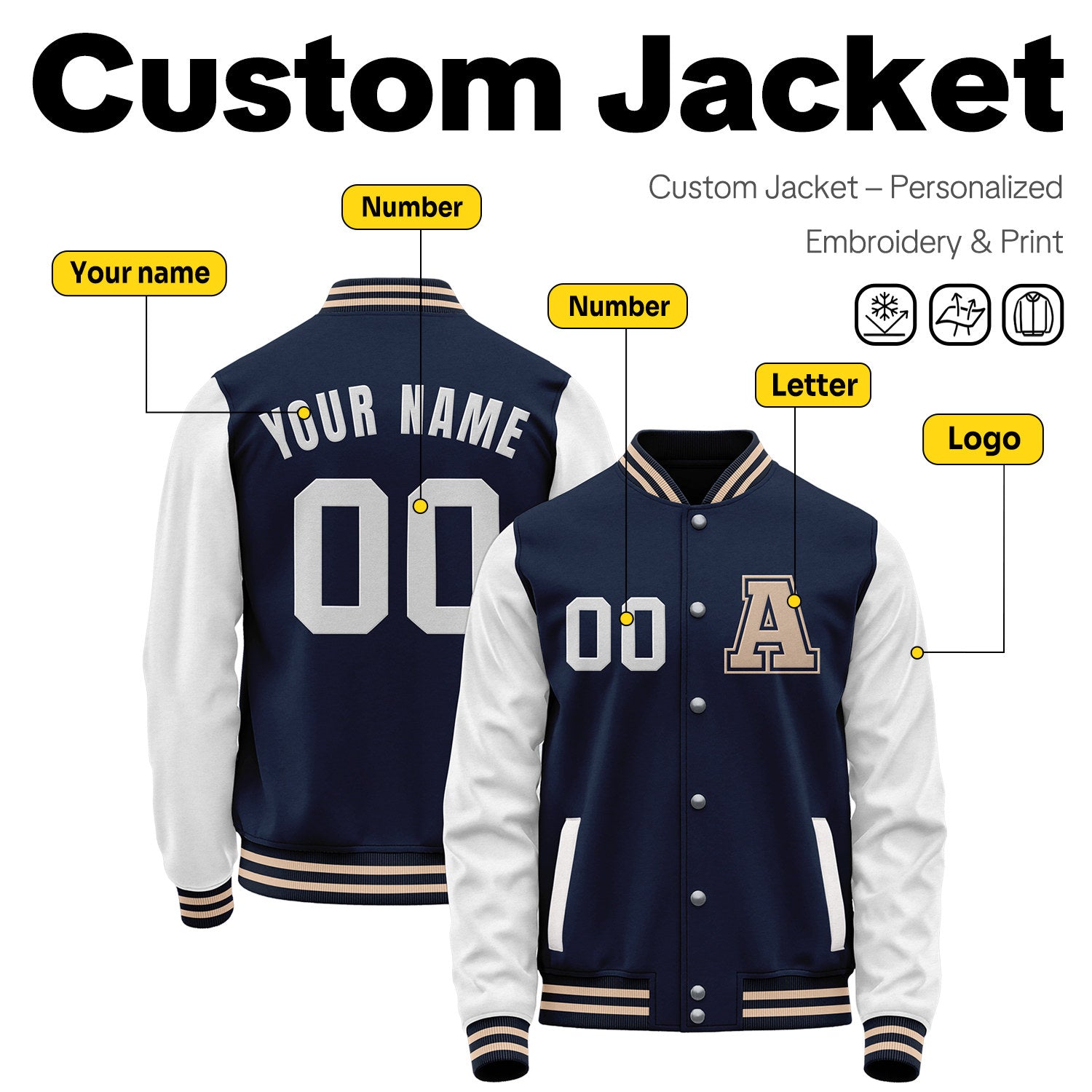 Custom Varsity Jacket with Embroidered Name & Number | Navy & White Personalized Team Letterman Bomber
