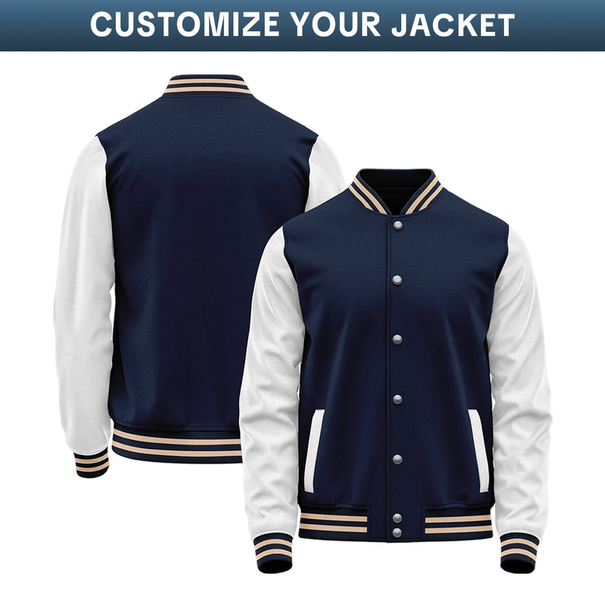Custom Varsity Jacket with Embroidered Name & Number | Navy & White Personalized Team Letterman Bomber
