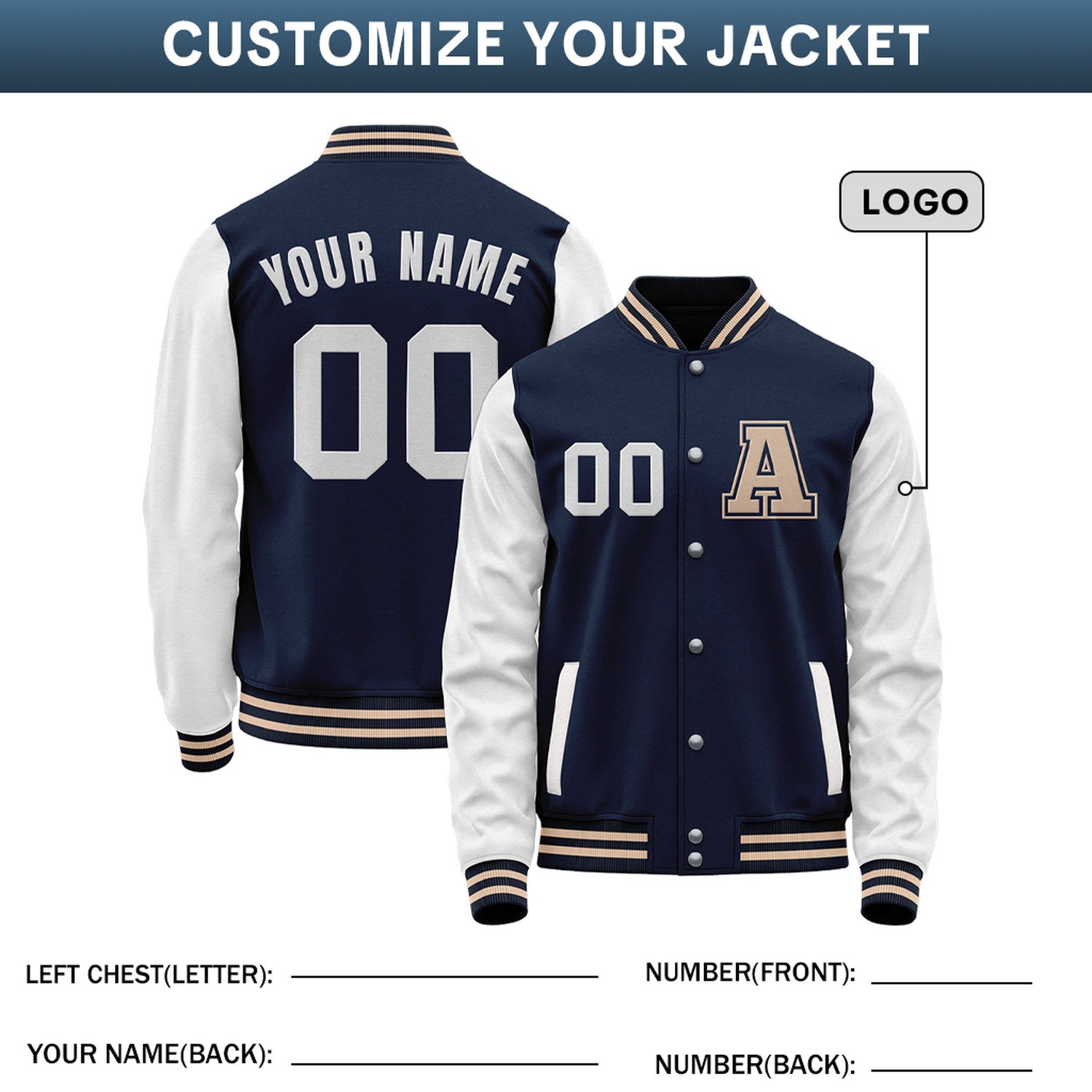 Custom Varsity Jacket with Embroidered Name & Number | Navy & White Personalized Team Letterman Bomber