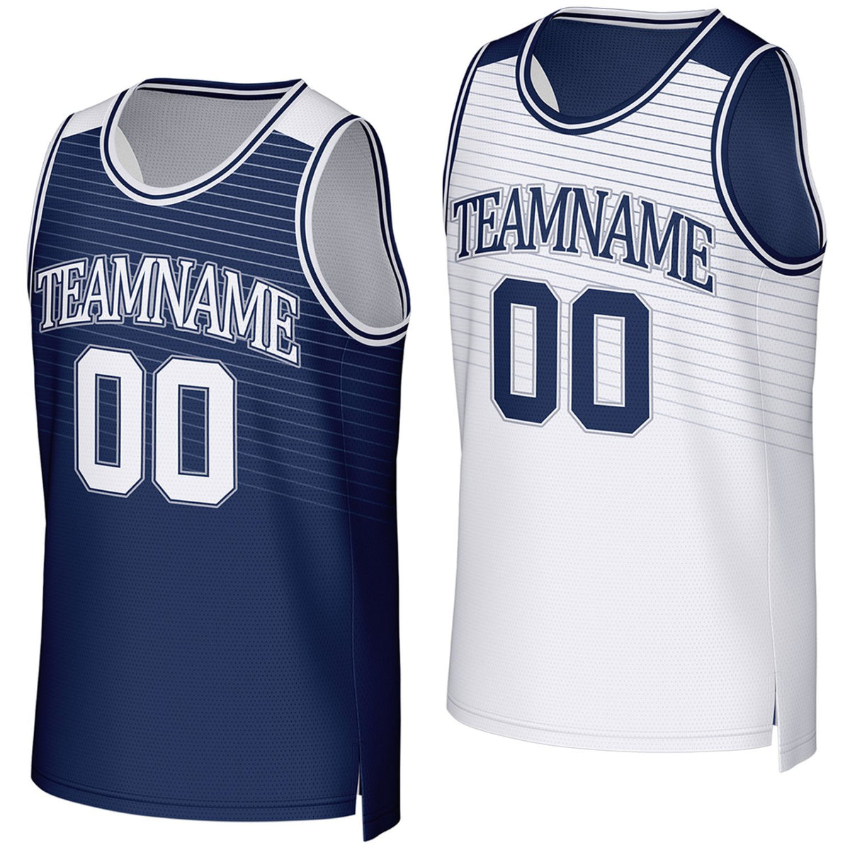 Custom navy & white reversible basketball jersey by Vosoli. Personalized with team name, player name, number, and logo on both sides. Breathable mesh 2-in-1 jersey for high school, college, AAU teams.
